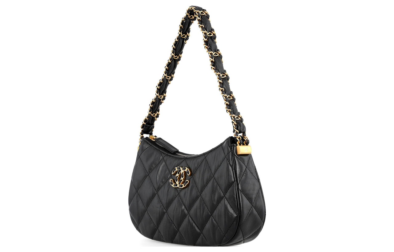 CHANEL Cow Leather Shoulder Bag Hobo Bag Handbag Shoulder Bag Women's Black