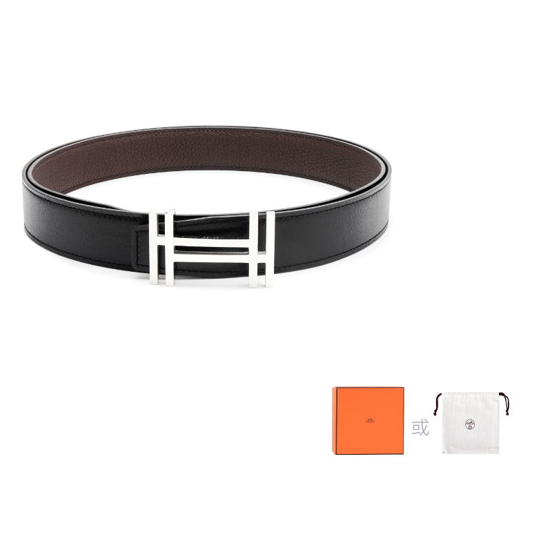 HERMES Cow Leather Leather Belts Unisex Chocolate/Black Width: 3.2cm