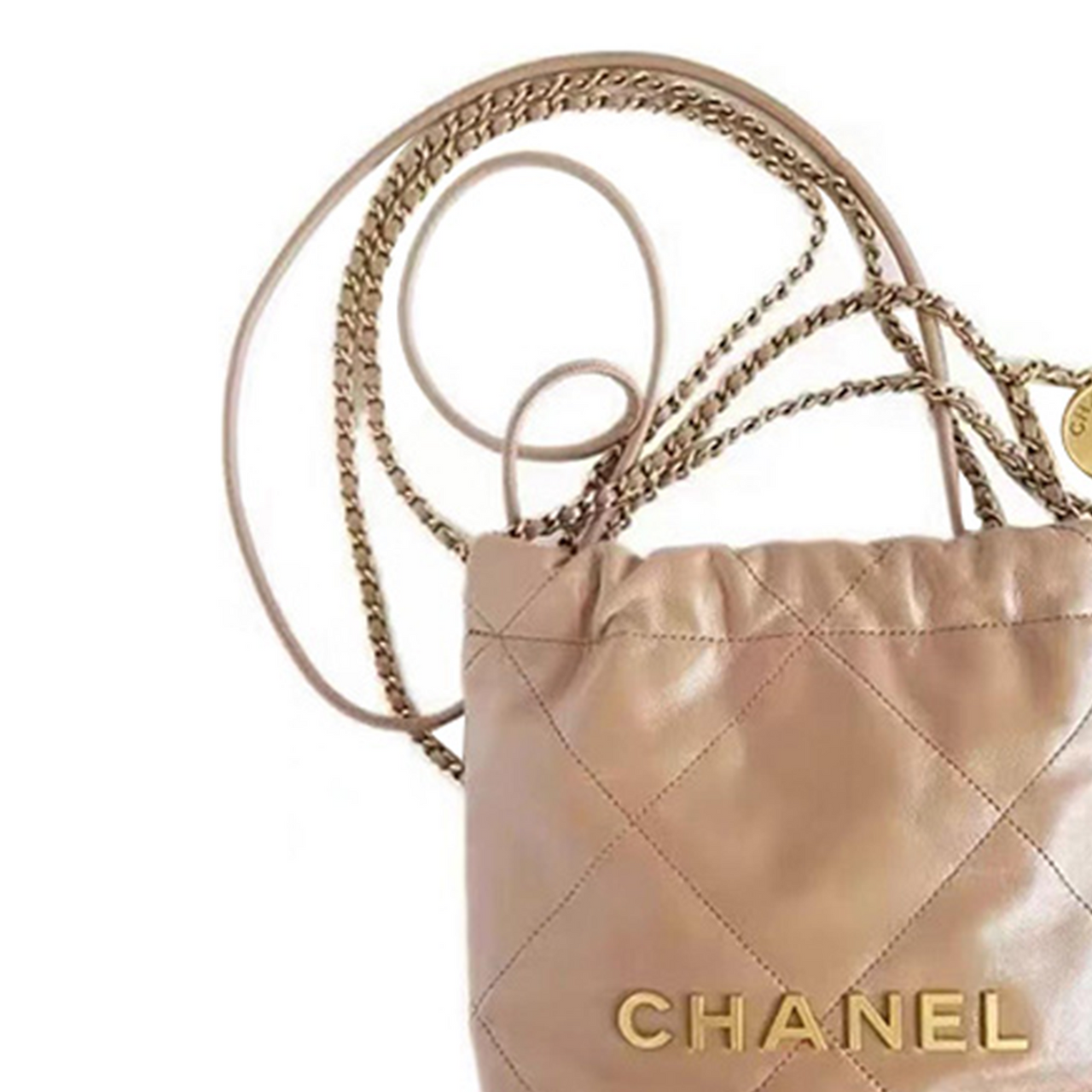 CHANEL 22Bag Shiny Calfskin Bucket Bags Shoulder Bag Crossbody Bag Mini Women's Milk Tea Beige