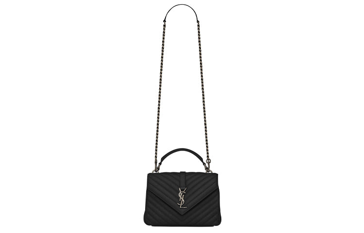 SAINT LAURENT College Lambskin Bonded Leather Portable Crossbody Bag Shoulder Bag Medium Size Women's Black