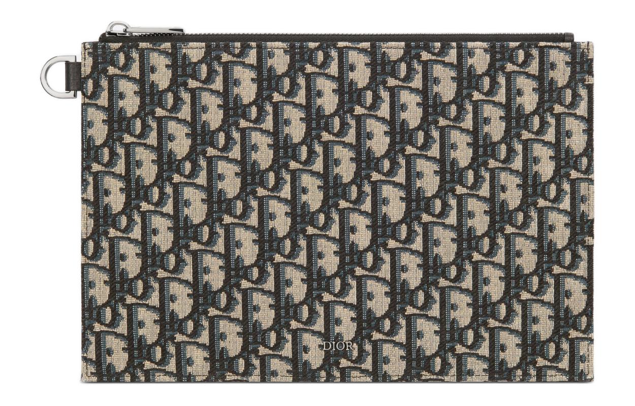 DIOR Oblique Printed Fabric With Grain Cow Leather Small Clutch Bag Men's Beige & Black
