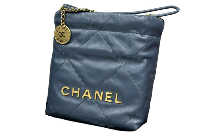 CHANEL 22Bag Shiny Calfskin Bucket Bag, Shoulder Bag, Crossbody Bag Mini Women's Haze Blue