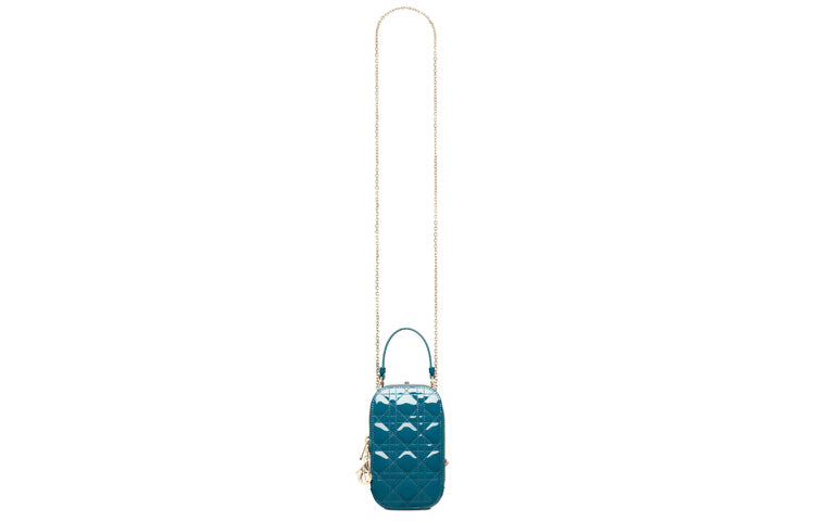 DIOR Lady Dior Patent Leather, Cow Leather Chain One Shoulder Crossbody Portable Cell Phone Pouch Women's Gray Blue