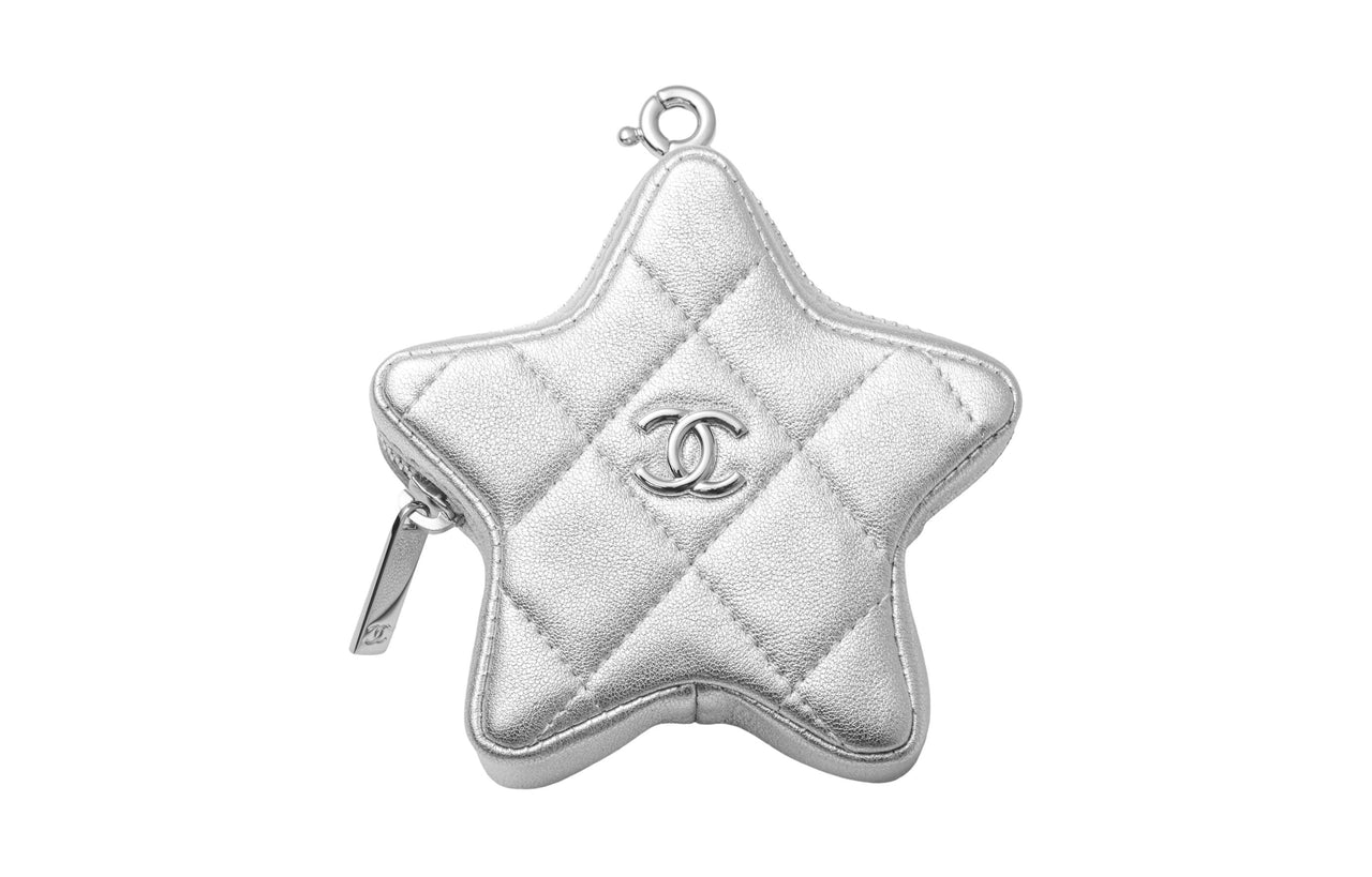 CHANEL Sheepskin Coin Purse Women's Silver