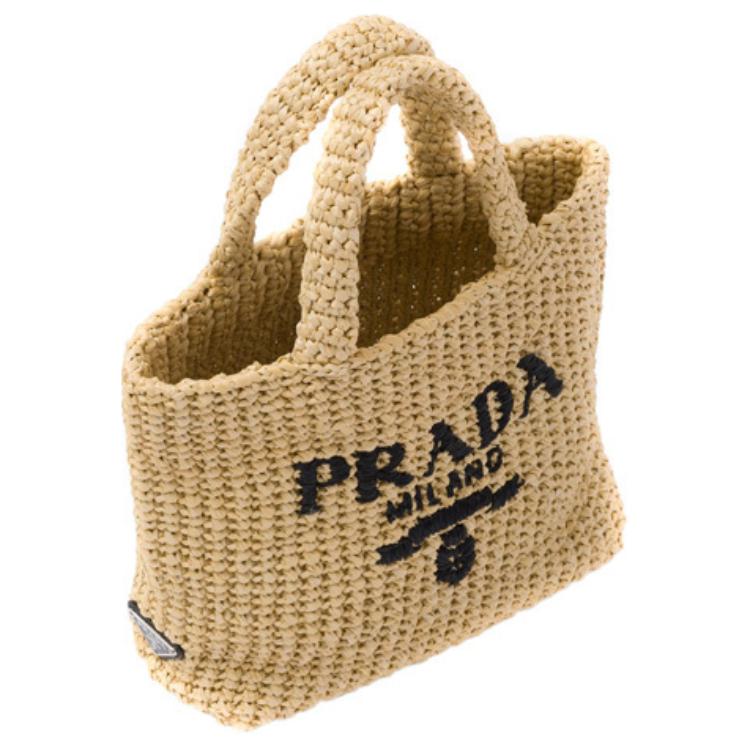 PRADA Raffia Tote Bag Small Tan