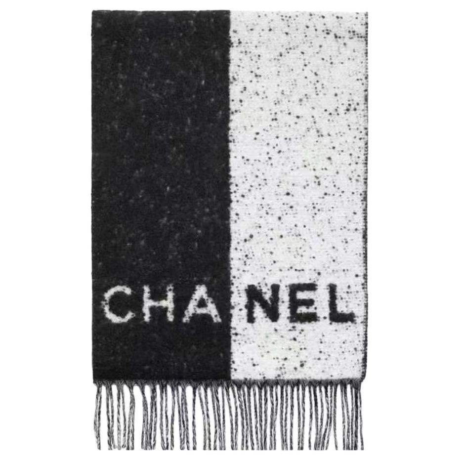 CHANEL Wool Knit Scarves Women's Black White
