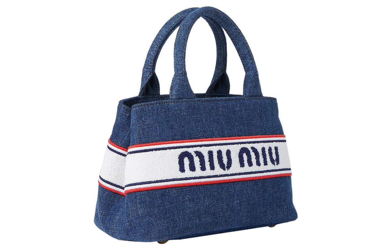 MIU MIU Cotton Denim Tote Bag Shopping Bag Shoulder Bag Crossbody Bag Handbag Regular Women's Blue