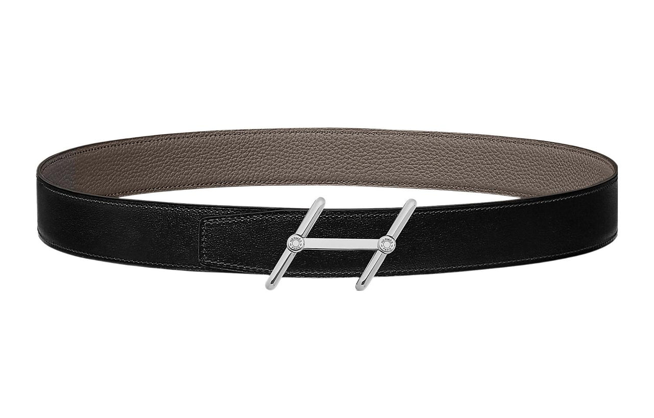 HERMES Minimalist Style Elegance Trendy Silver Buckle Togo Calfskin Double-Sided Leather Belt Men's Black Width: 3.2cm