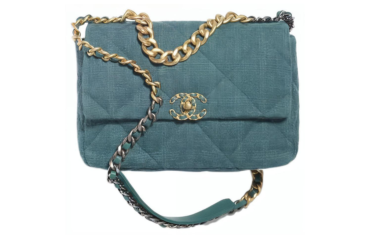 CHANEL 19Bag Fabric Shoulder Bag Crossbody Bag Large Size Women's Gray Blue