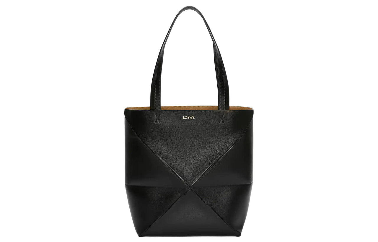 LOEWE Puzzle Fold Shiny Cow Leather Tote Bag, Shopping Bag, Handbag Medium Size Men's Black