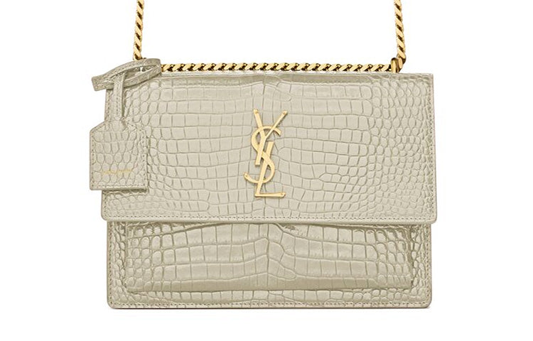 SAINT LAURENT SUNSET Crocodile Embossed Bright Leather Sunset Bag, Crossbody Bag, Shoulder Bag Women's Vintage White