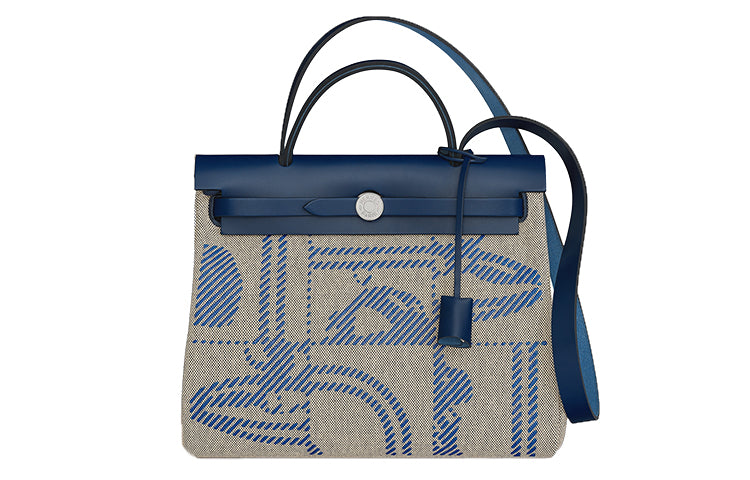 HERMES Herbag Zip Hunter Leather With Canvas Bag, Shoulder Bag, Crossbody Bag, Handbag Women's French Blue/Light Beige