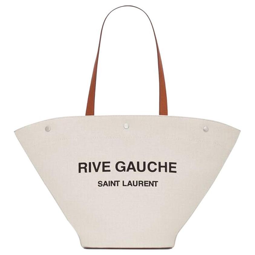 SAINT LAURENT Rive Gauche Canvas With Leather Tote Bag Shopping Bag Canvas Bag One Shoulder Handbag Women's Taupe/Black