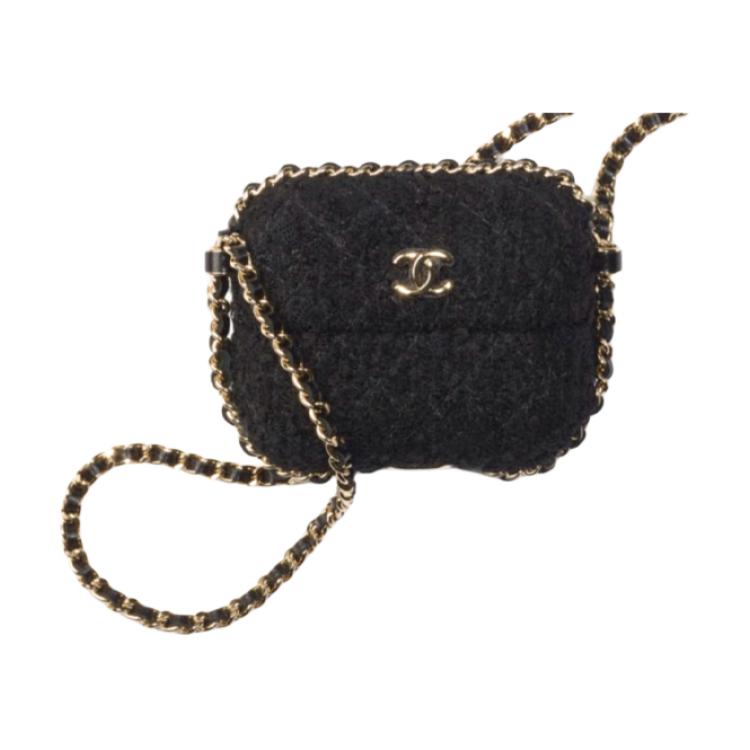 CHANEL Velvet Chain Bag Clutch Earphone Case Women's Black