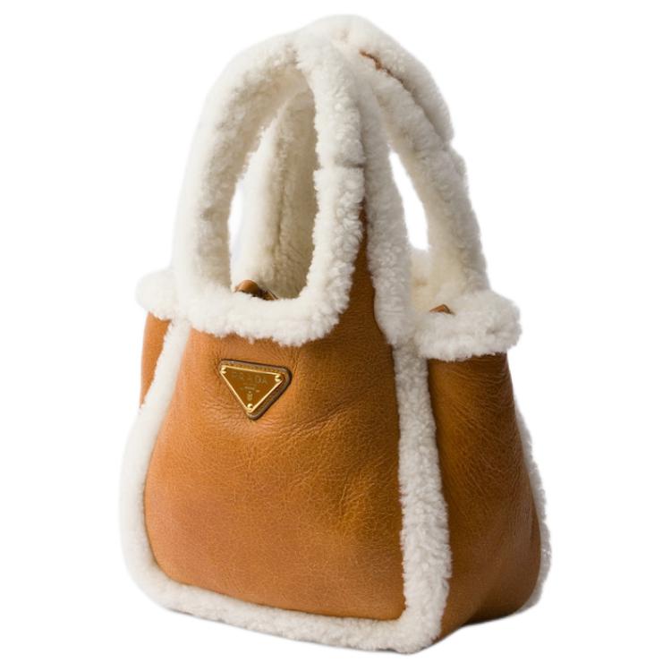 PRADA Leather Tote Bag, Shopping Bag, Handbag Mini Women's Cognac With Natural Color