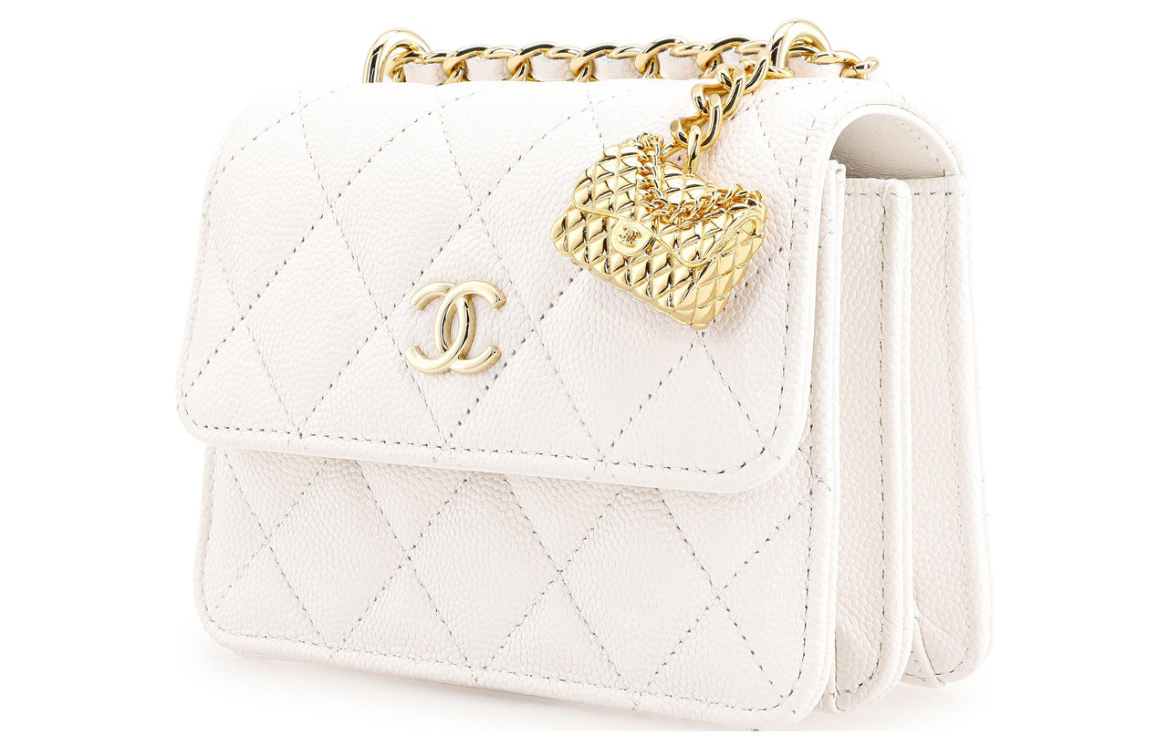 CHANEL WOC Embossed Calfskin With Grains Flap Bag Clutches Handbag Shoulder Bag Crossbody Bag Small Size Women's White