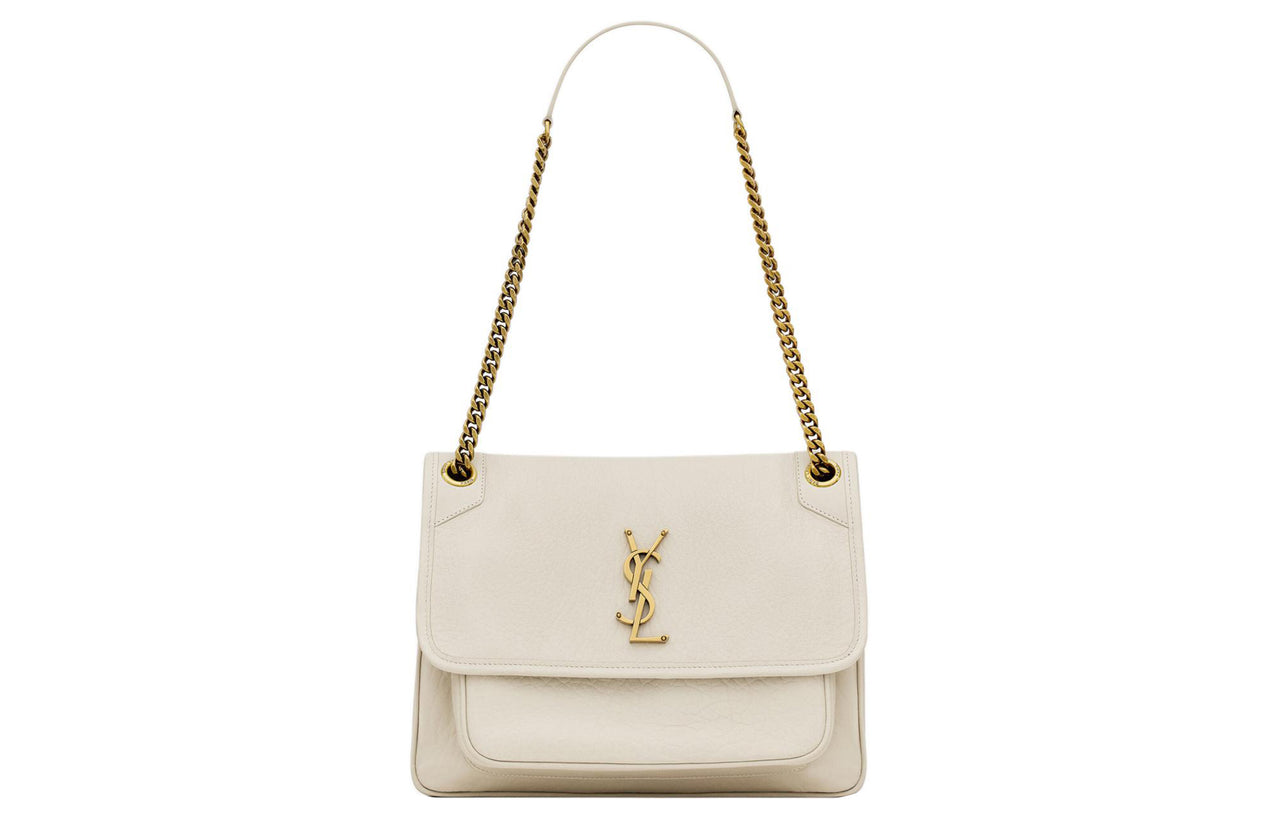 SAINT LAURENT Niki Lambskin One Shoulder Handbags Medium Size Women's Vintage White