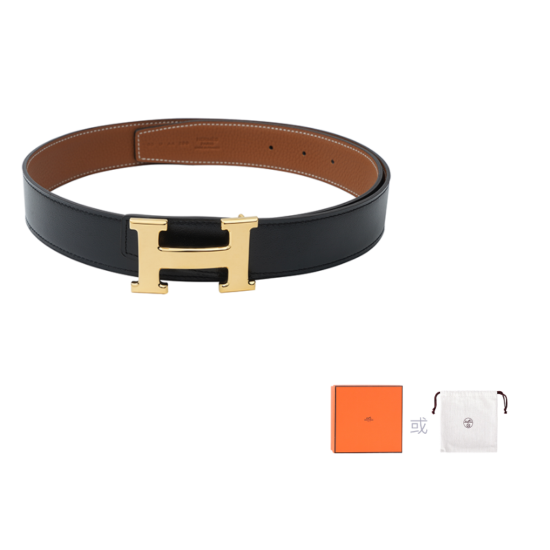 HERMES Togo Calfskin Leather Belts Men's Black/Gold Width: 3.2cm
