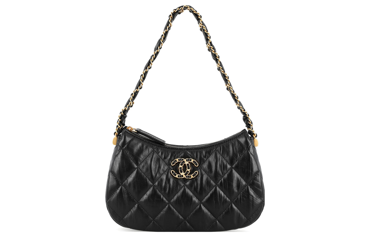 CHANEL Cow Leather Shoulder Bag Hobo Bag Handbag Shoulder Bag Women's Black