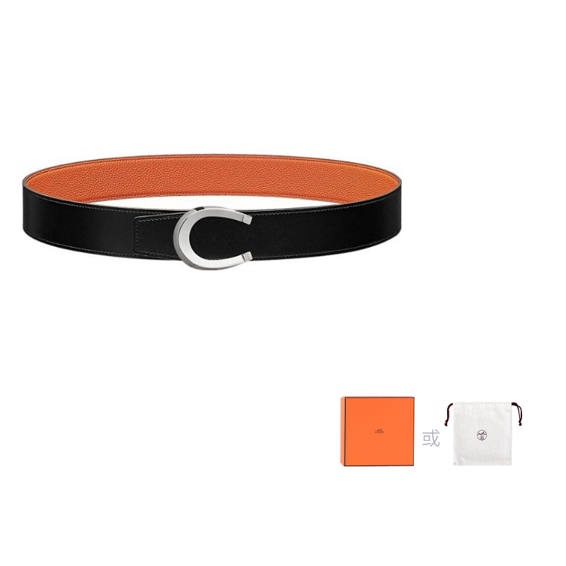 HERMES Togo Calfskin Double-Sided Leather Belt Leather Belts Men's Black/Orange Width: 3.8cm