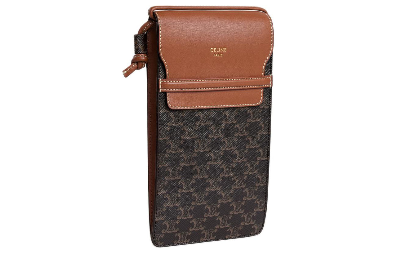 CELINE Canvas With Sheepskin Trim Shoulder Bag Crossbody Bag Cell Phone Pouch Women's Tawny