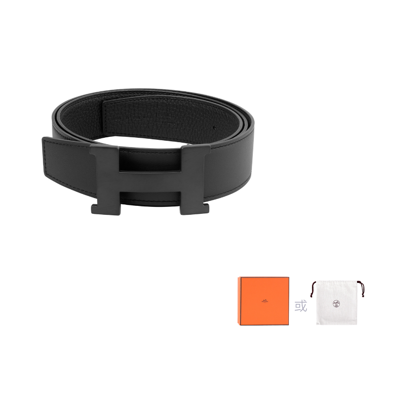 HERMES Calfskin Leather Belts Men's Black Width: 3.8cm