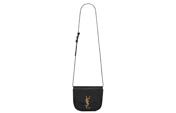 SAINT LAURENT KAIA Shiny Crocodile Pattern Embossed Cow Leather Saddle Bag, Crossbody Bag, Shoulder Bag Women's Black