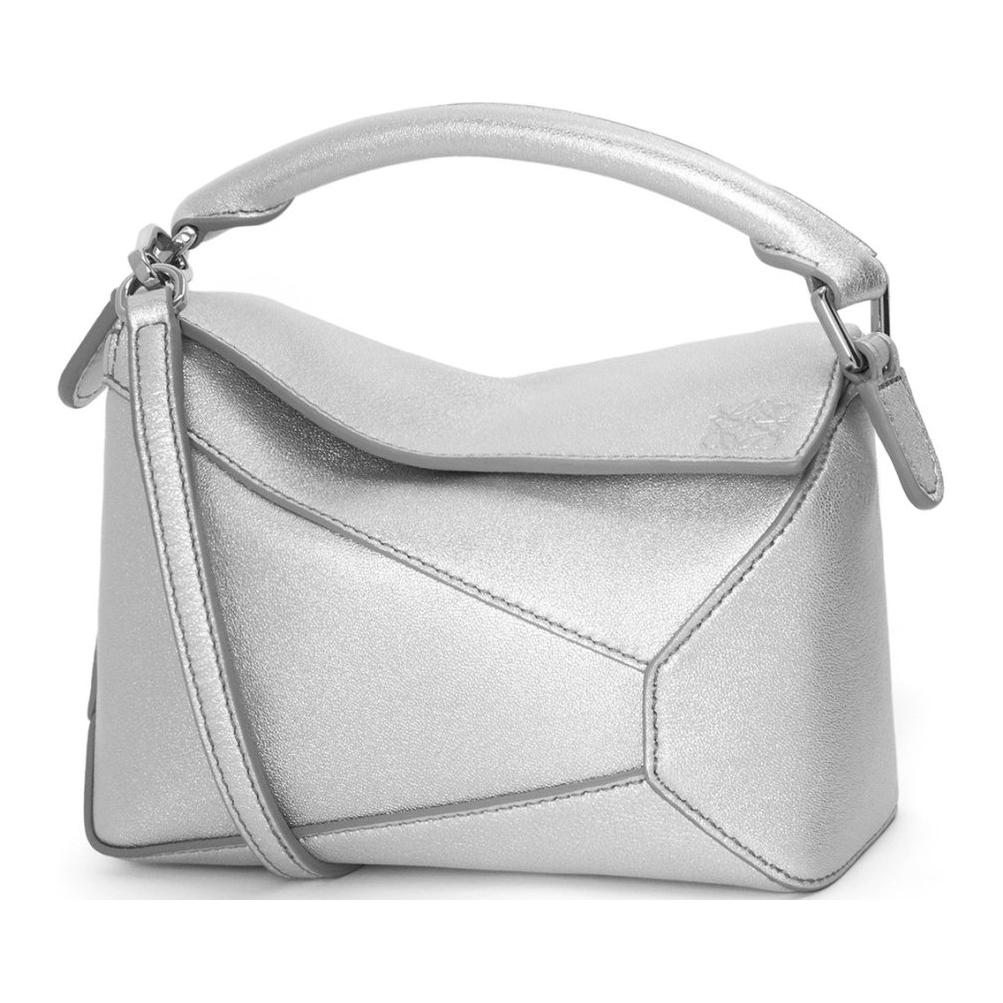 LOEWE Puzzle Lambskin One Shoulder Handbag Mini Women's Silver