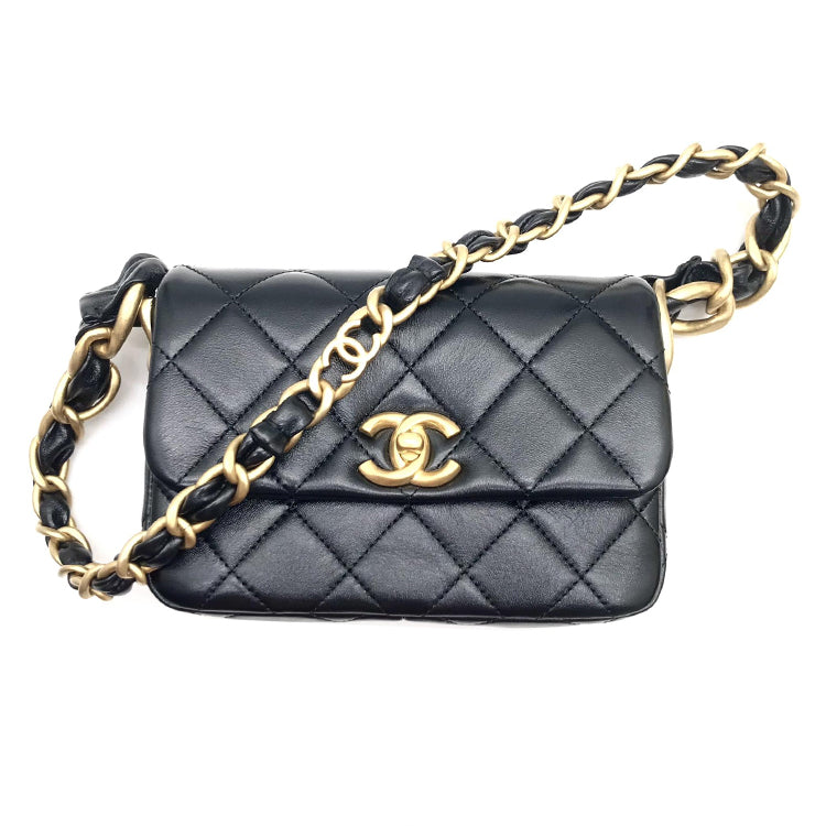 CHANEL Waxed Sheepskin Crossbody Bag Shoulder Bag Small Size Women's Black