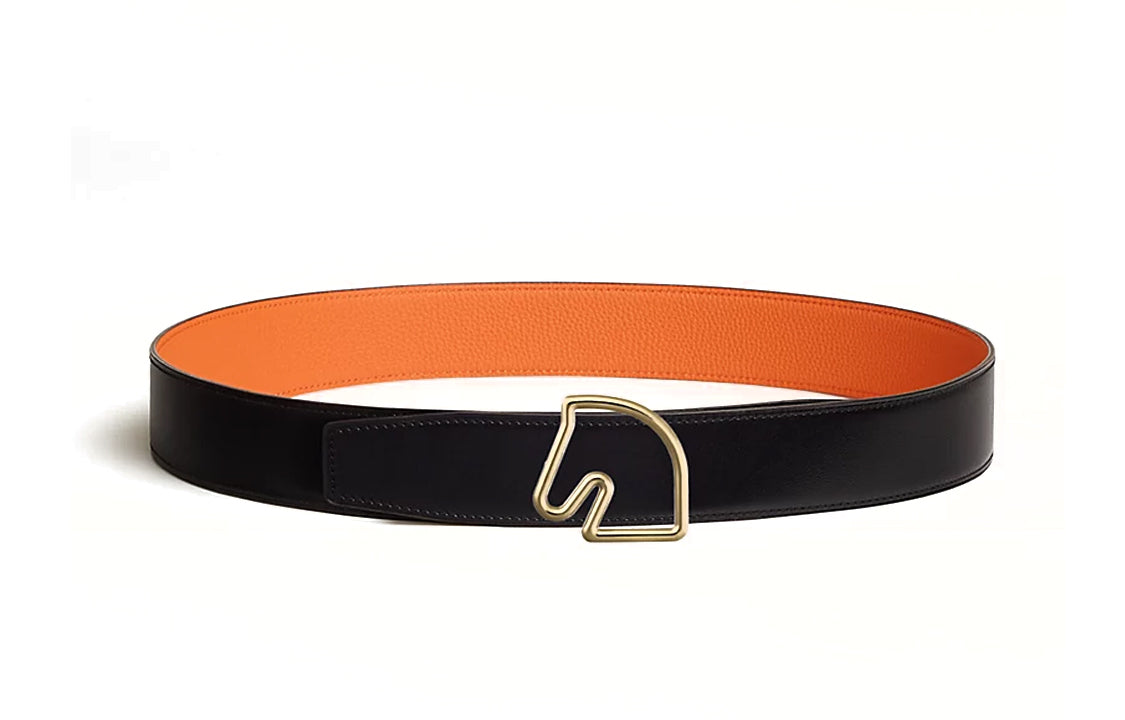 HERMES Gold Horse Head Buckle Double Sided Leather Belts Men's Black/Orange Width 3.8CM