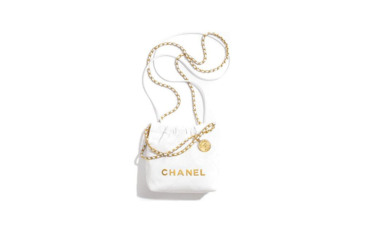CHANEL 22Bag Shiny Calfskin Bucket Bags Shoulder Bag Crossbody Bag Mini Women's White