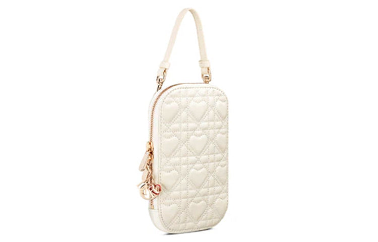 DIOR Lady Dior Sheepskin One Shoulder Crossbody Cell Phone Pouch Women's White