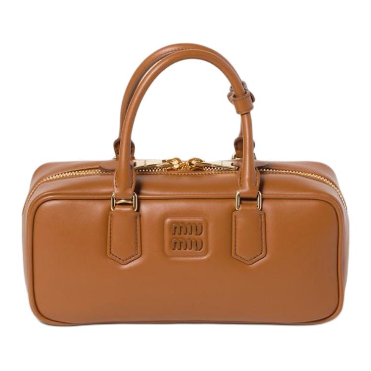 MIU MIU Arcadie Series Calfskin Bowling Bag, Shoulder Bag, Crossbody Bag, Handbag Large Size Women's Cognac