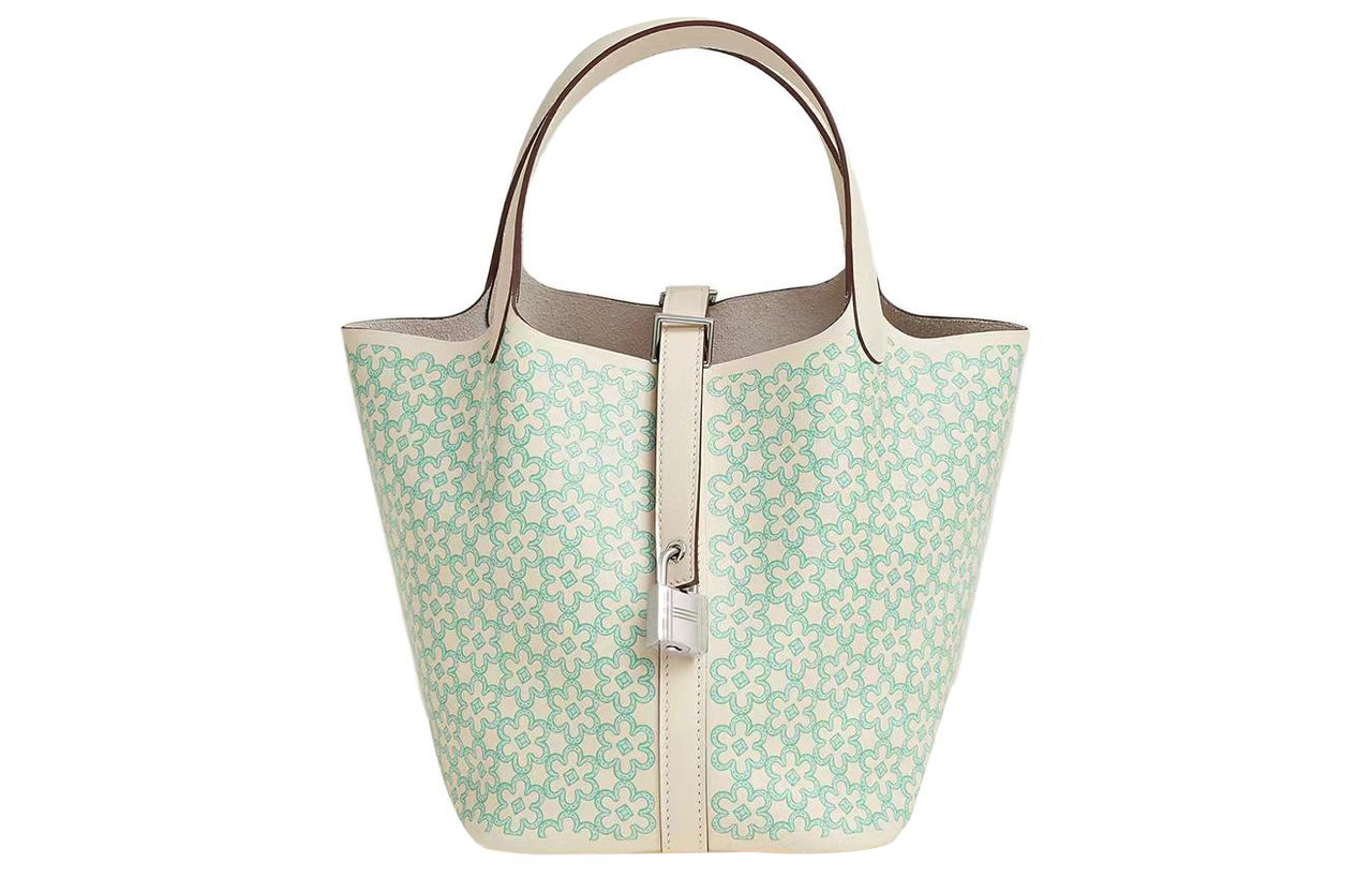 HERMES Calfskin Basket Bag Handbag Bucket Bag 18 Women's Gray White/Green/White