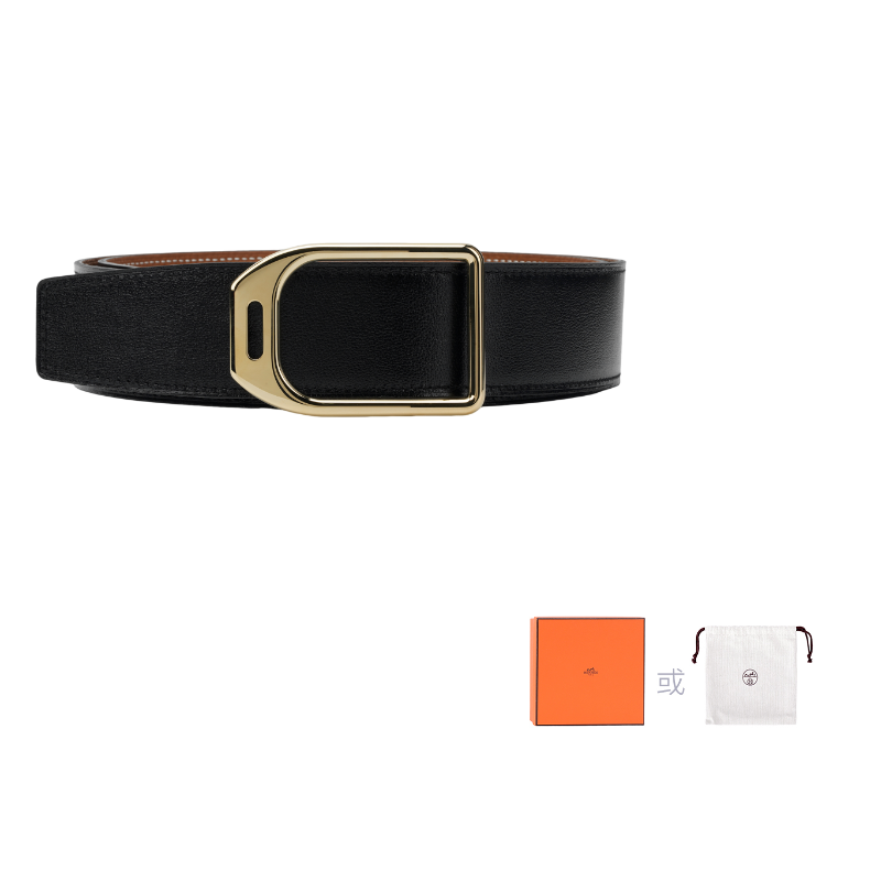 HERMES Metal Leather Belts Men's Black Width: 3.8cm