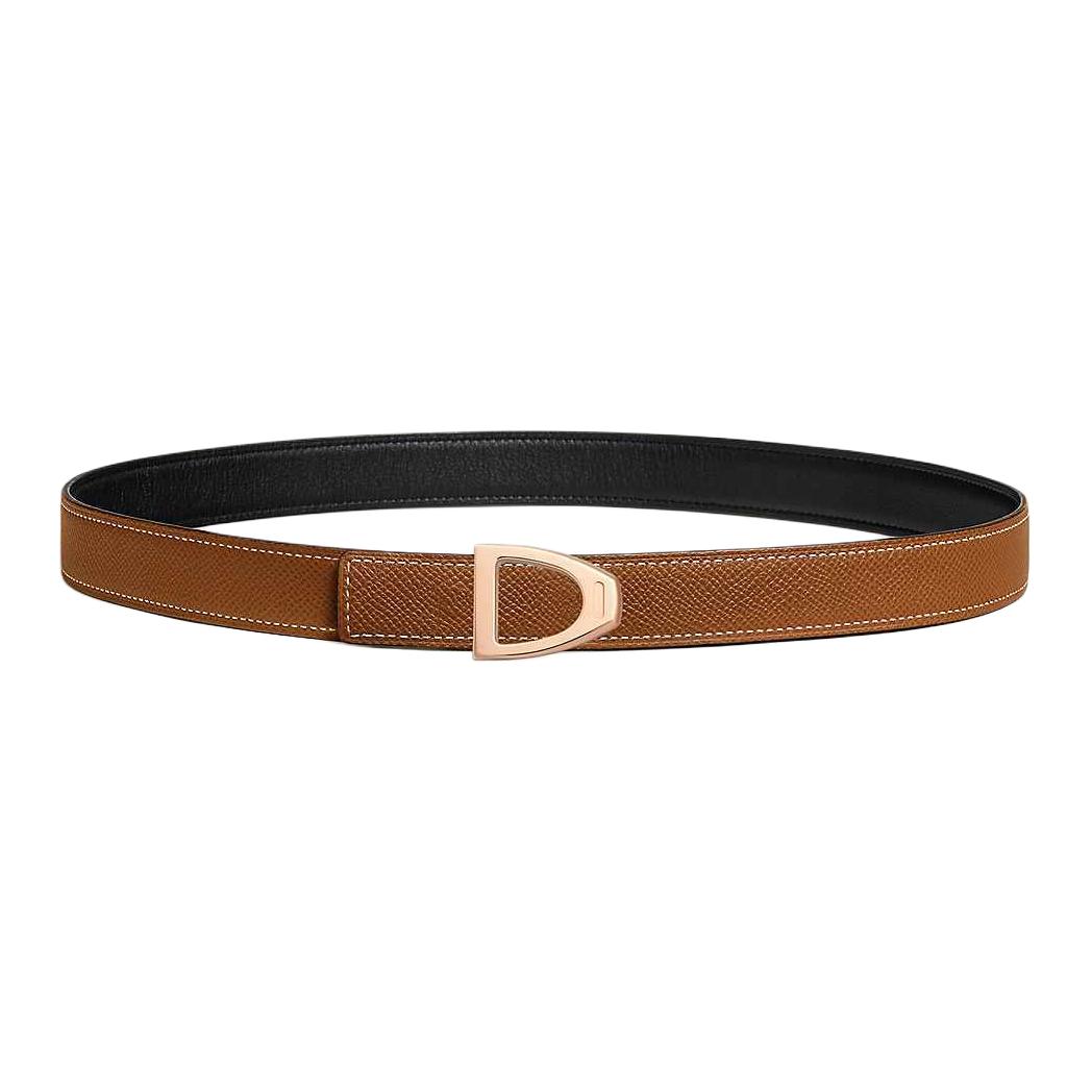 HERMES Calfskin Leather Belts Women's Black/Gold Width 2.4CM