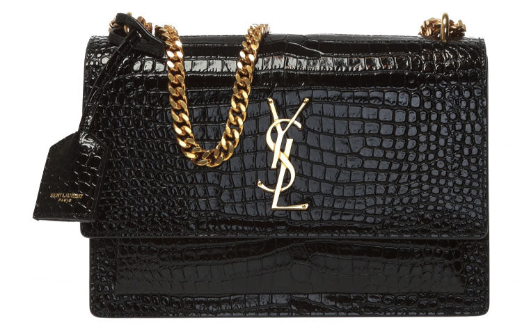 SAINT LAURENT SUNSET Shiny Leather Chain Shoulder Bag Crossbody Bag Medium Size Women's Black
