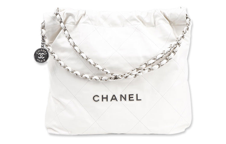 CHANEL 22Bag Calfskin With White Stitching & Silver Metal Tote Bag Shopping Bag Handbag Shoulder Bag Women's White