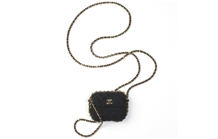 CHANEL Velvet Chain Bag Clutch Earphone Case Women's Black