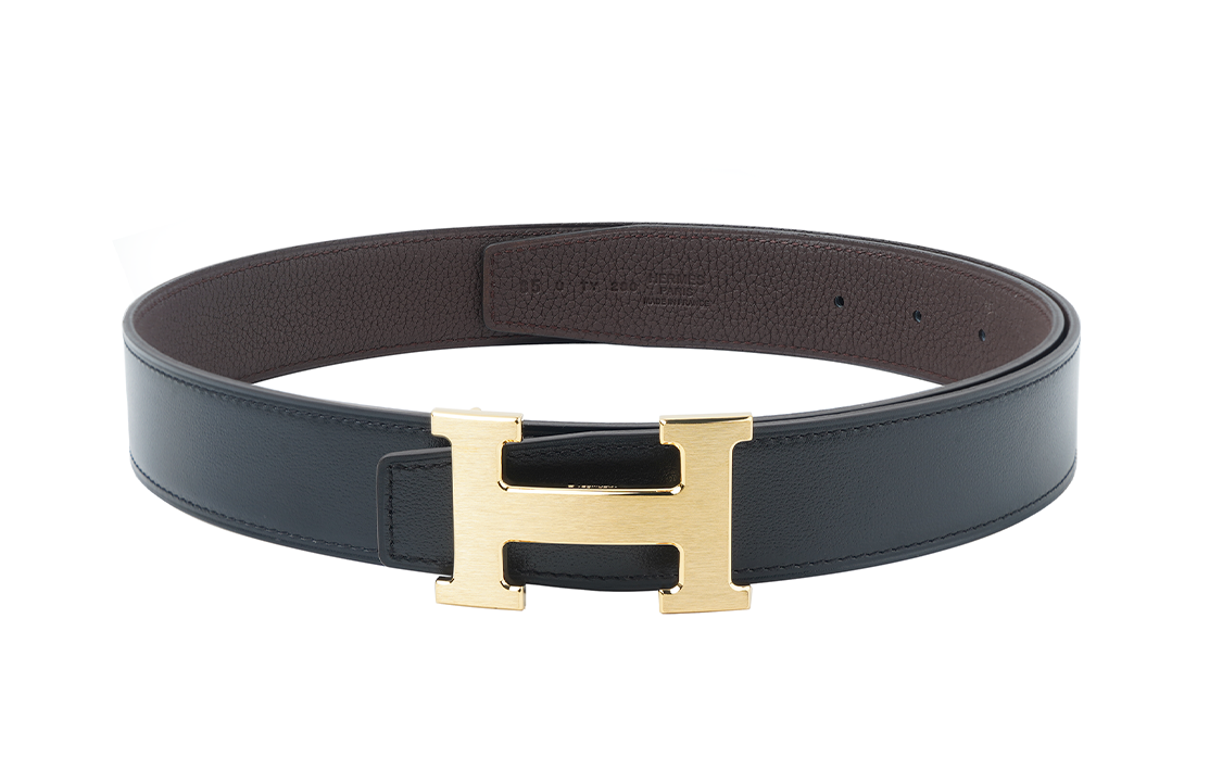 HERMES Togo Calfskin Double-Sided Leather Belts Unisex Black/Chocolate Width 3.2cm