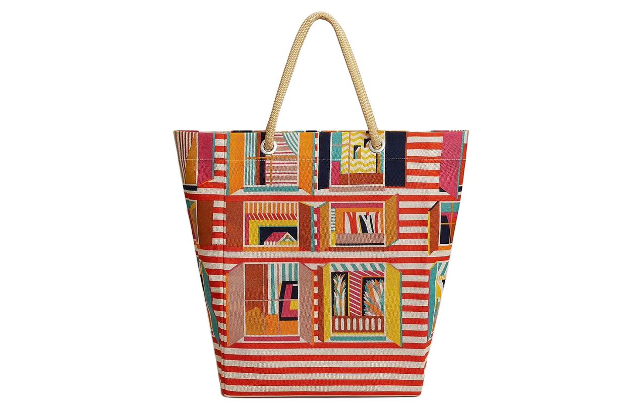 HERMES From My Window Canvas Beach Bag Handbag Women's Orange & Multicolor