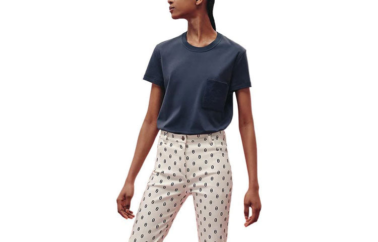 HERMES SS23 Embroidered Pocket Crew Neck Short-Sleeved T-Shirt Women's Navy