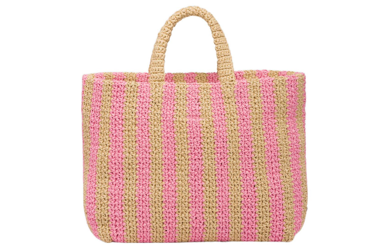 PRADA Raffia Fiber Tote Bag, Shopping Bag, Handbag Tubas Women's Tan/Petal Pink