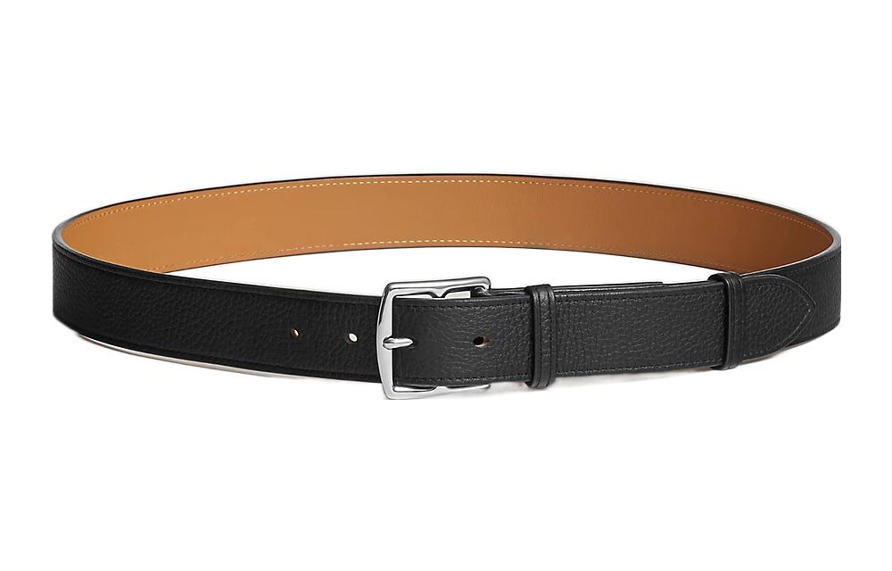 HERMES Etriviere Silver Buckle Clemence Bullock Leather Belt Men's Black/Brown Width 3.2cm