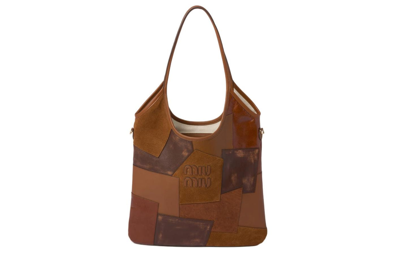 MIU MIU Leather Patchwork Tote Bag Shopping Bag One Shoulder Handbags Women's Cognac