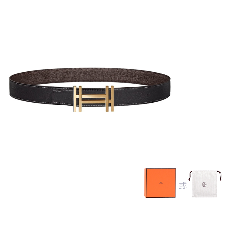 HERMES Togo Calfskin Leather Belts Unisex Black/Chocolate Width: 3.2cm