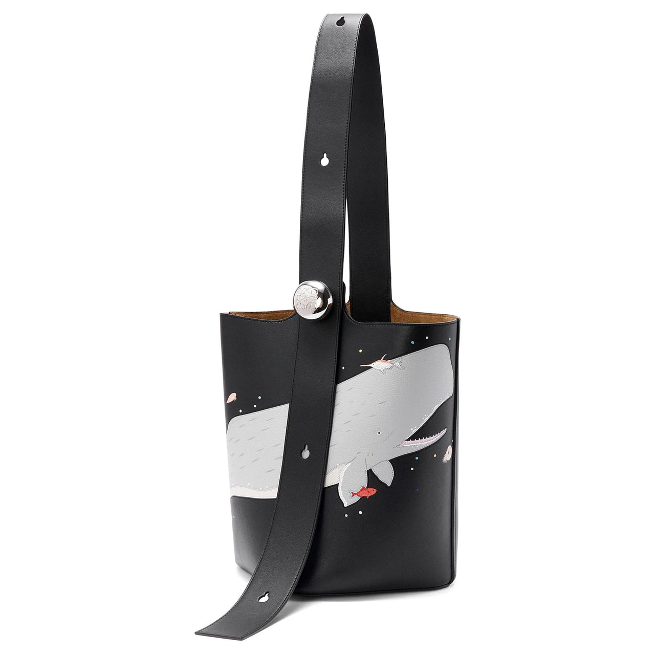 LOEWE Suna Fujita Collaboration Cow Leather Bucket Bag, Portable Crossbody Bag, Shoulder Bag Medium Size Women's Black