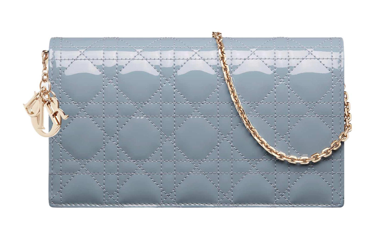 DIOR Lady Dior Patent Leather Cowhide 3-in-1 Coin Purse One Shoulder Crossbody Clutch Women's Powder Blue