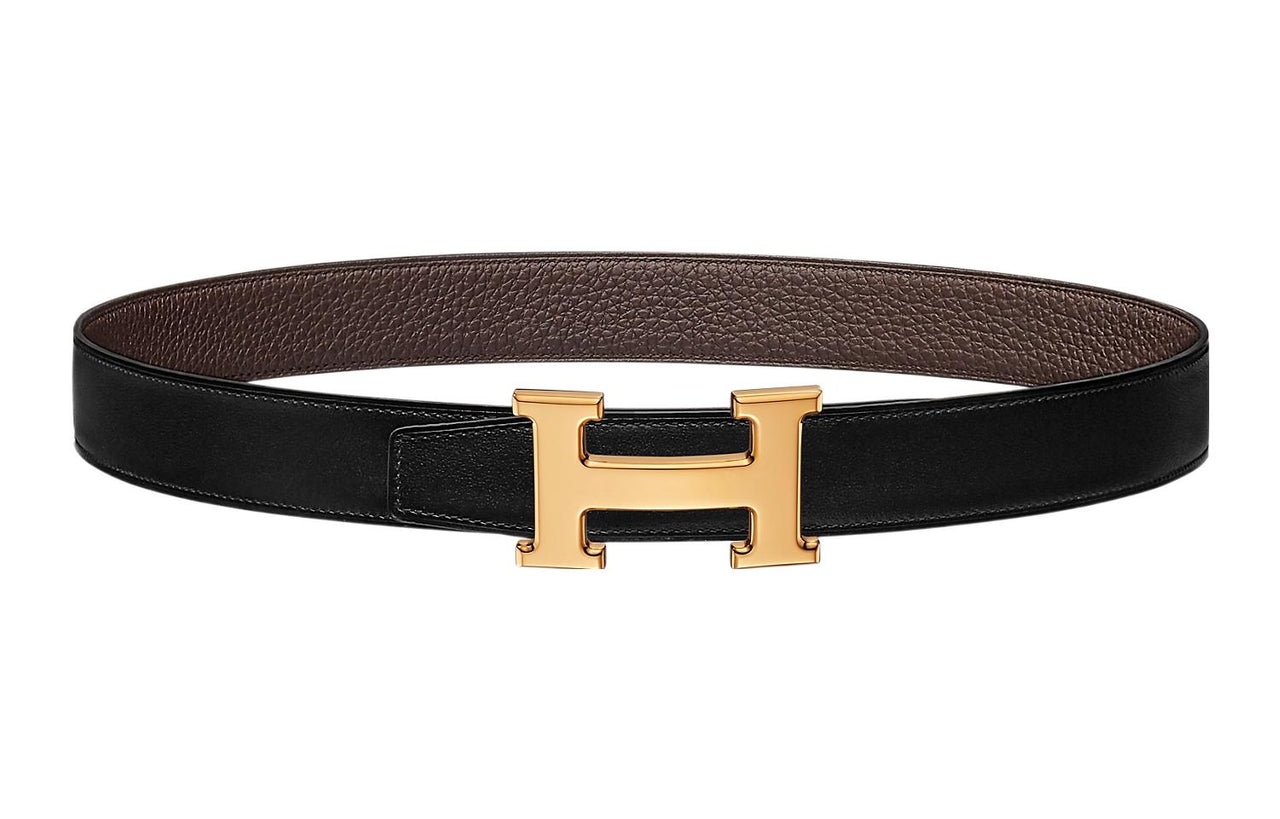 HERMES Letter Comfortable Double-Sided Gold Buckle Togo Calfskin Double-Sided Leather Belt Women's Black Width: 3.2cm