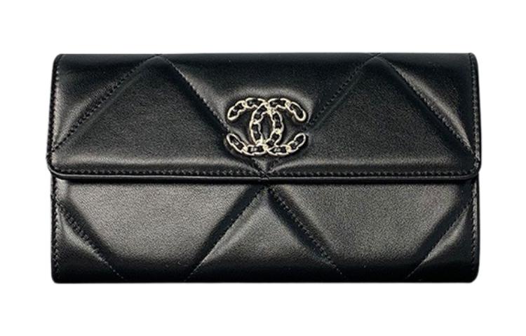 CHANEL 19Bag Lambskin Mouth Cover Card Holder Wallet Women's Black